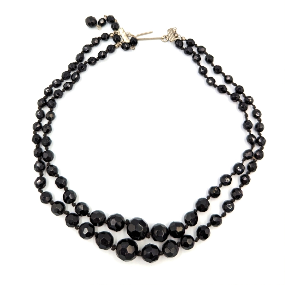 Black Faceted Glass Beaded Necklace Austrian Glass Hook Clasp Choker Collar
